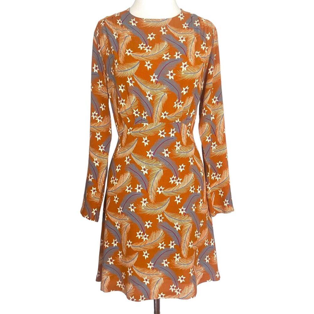 Paris Atelier & Other Stories Burnt Orange Floral Feather Print Dress Size 8